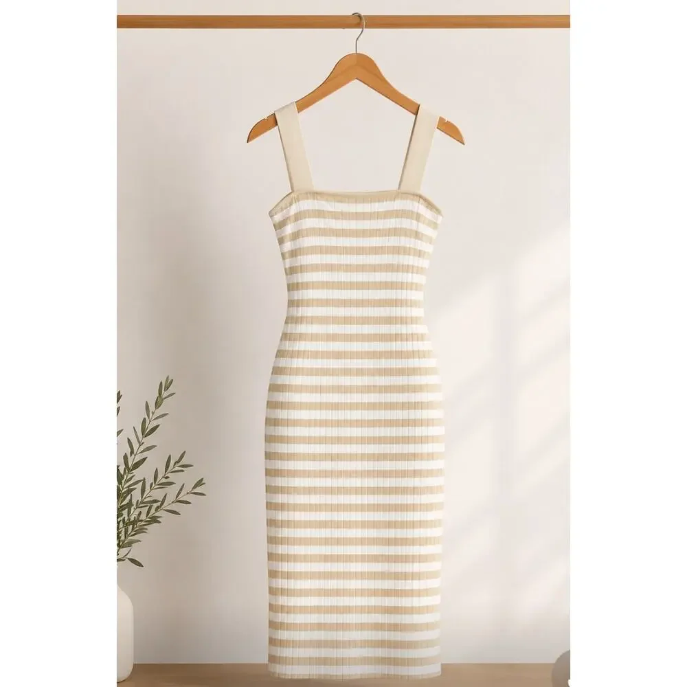 Merokeety White Tan Striped Knit Dress XS New - Picture 4 of 5